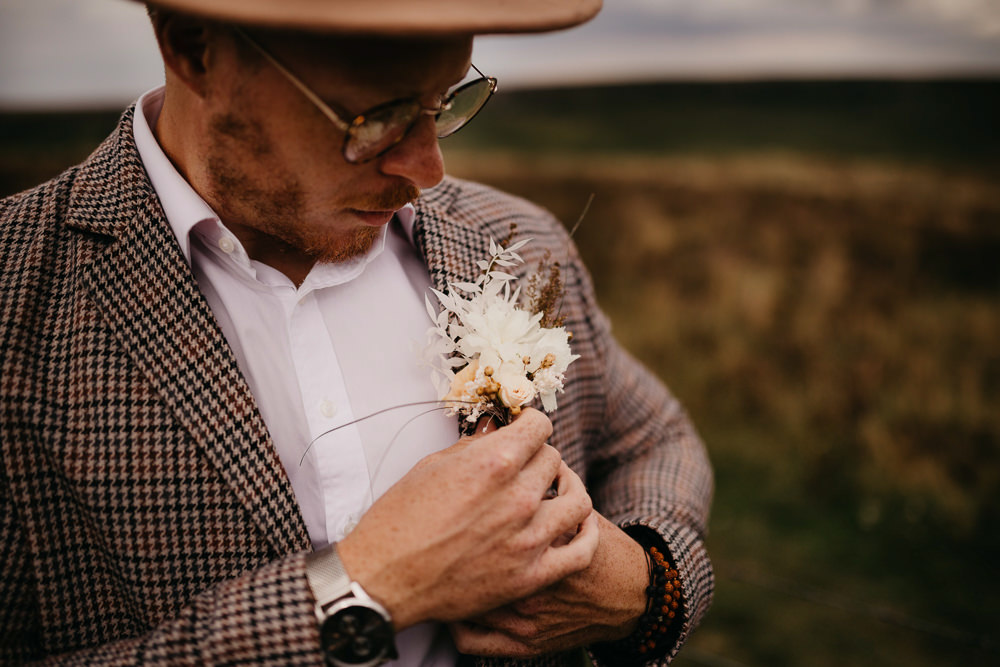 Groom Buttonhole Flowers Peak District Elopement Fly On The Wall Photography