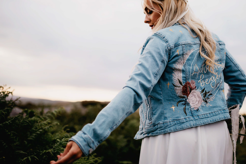 Bride Bridal Denim Jacket Painted Peak District Elopement Fly On The Wall Photography