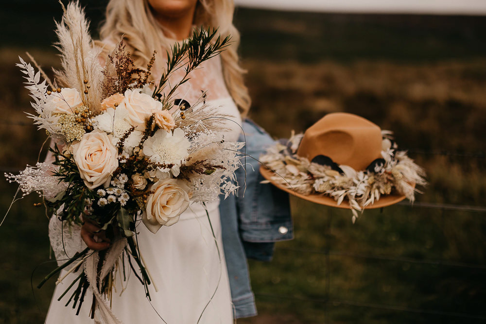 Bouquet Flowers Bride Bridal Pampas Grass Rose Boho Peak District Elopement Fly On The Wall Photography