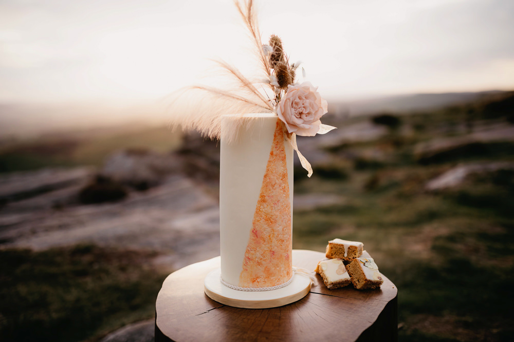 Geometric Cake Flowers Topper Peak District Elopement Fly On The Wall Photography