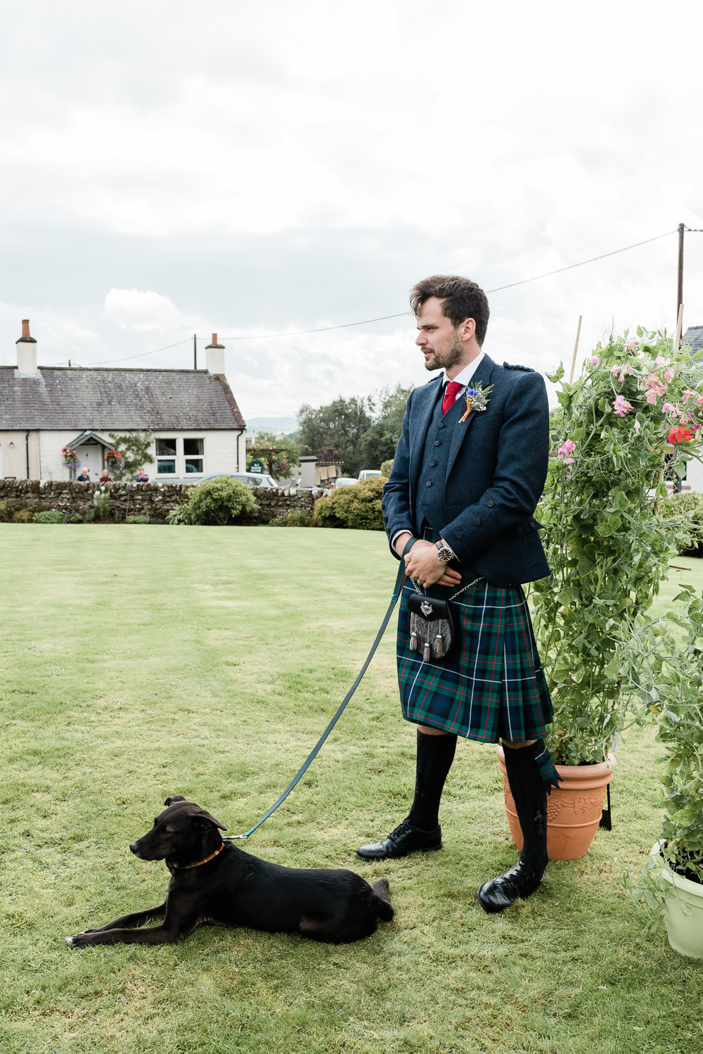 Groom Kilt Red Tie Dog Pet Scotland Garden Wedding LJ Horton Photography