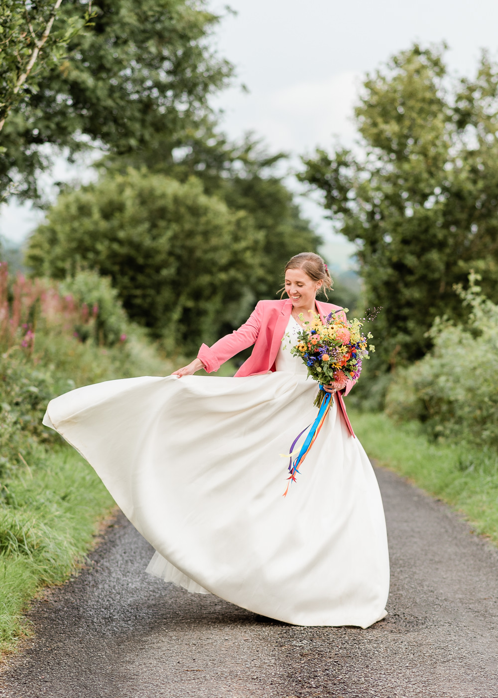Dress Gown Bride Bridal Ballgown Pockets Wed2B Pink Jacket Scotland Garden Wedding LJ Horton Photography
