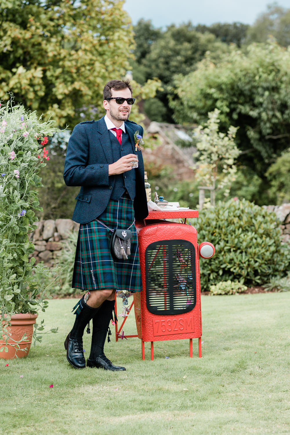 Groom Kilt Red Tie Scotland Garden Wedding LJ Horton Photography