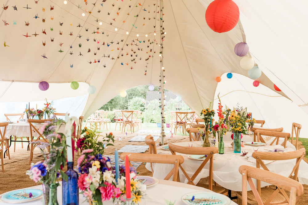 Stretch Tent Origami Paper Cranes Lanterns Decor Reception Scotland Garden Wedding LJ Horton Photography
