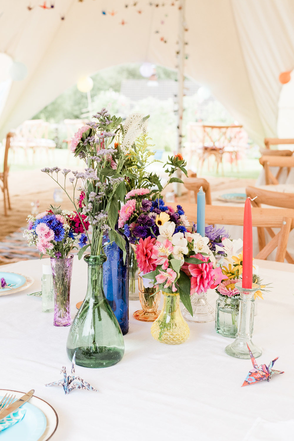 Centrpiece Flowers Decor Colourful Bottles Scotland Garden Wedding LJ Horton Photography