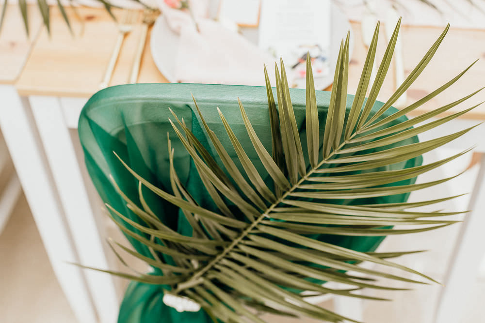 Tropical Bohemian Wedding Kate Boston Palm Leaf Chair Back