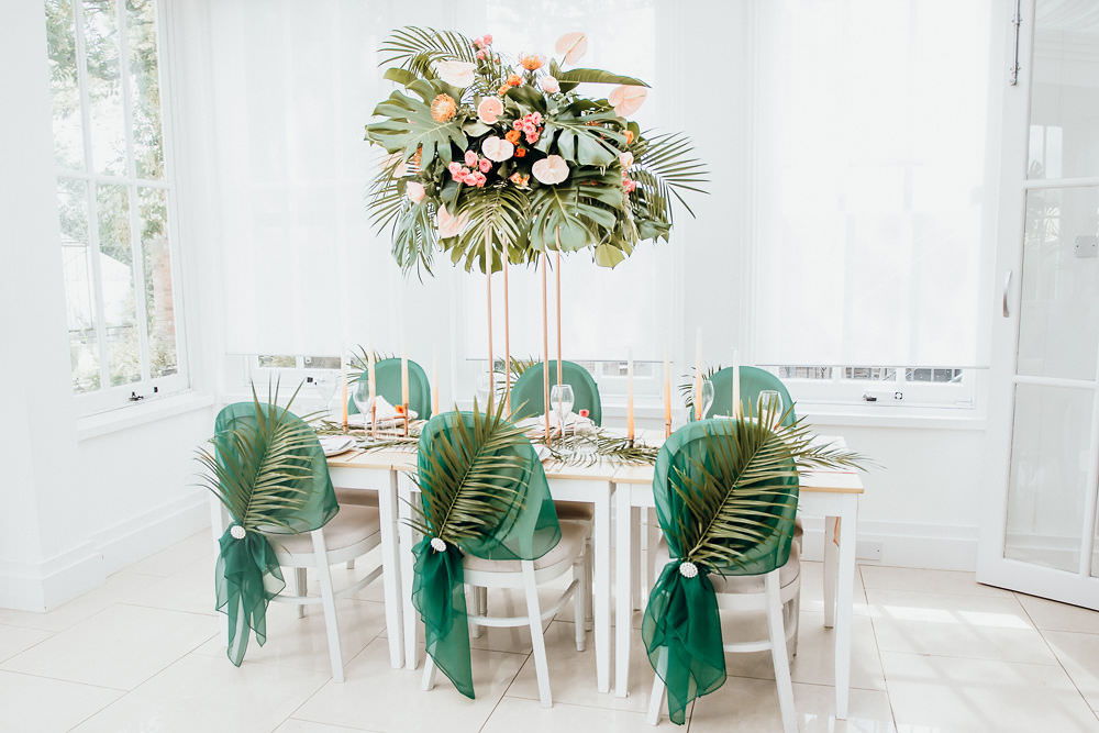Flowers Palms Fruit Flamingo Greenery Centrepiece Tropical Bohemian Wedding Kate Boston