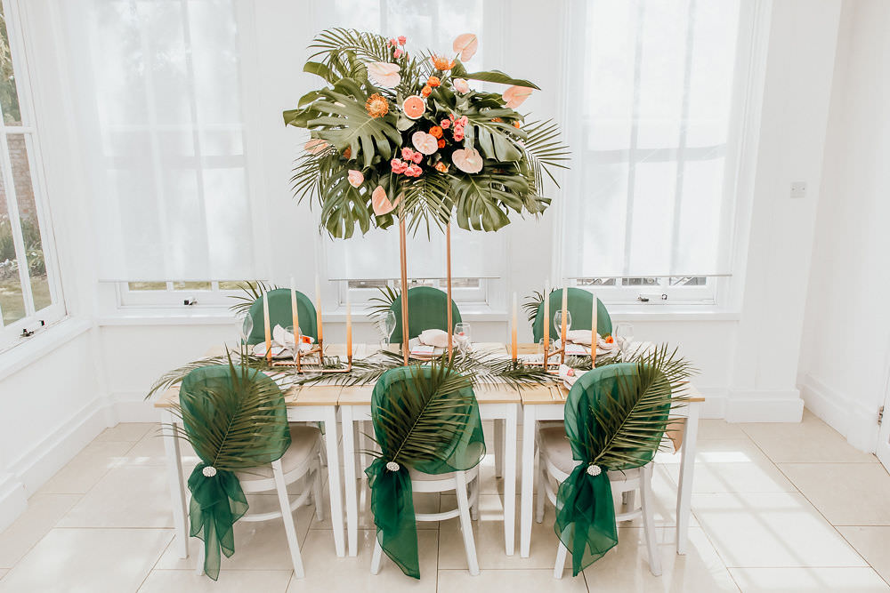 Flowers Palms Fruit Flamingo Greenery Centrepiece Table Tropical Bohemian Wedding Kate Boston