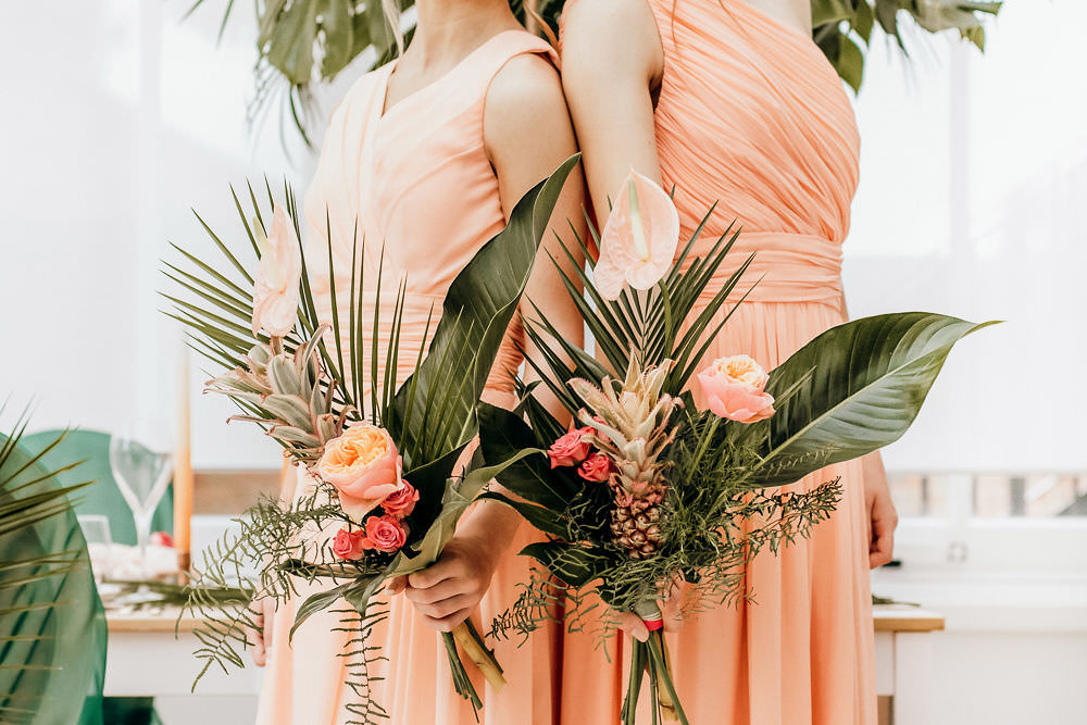 Bridesmaid Bouquets Greenery Palms Tropical Bohemian Wedding Kate Boston