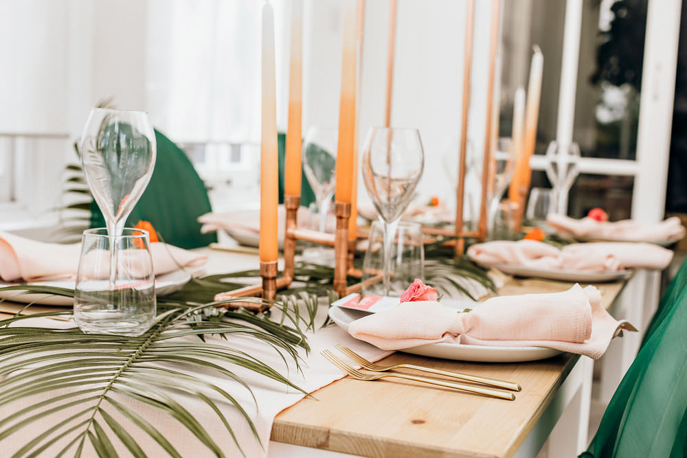 Table Tablescape Decor Palms Candles Orange Decor Tropical Bohemian Wedding Kate Boston
