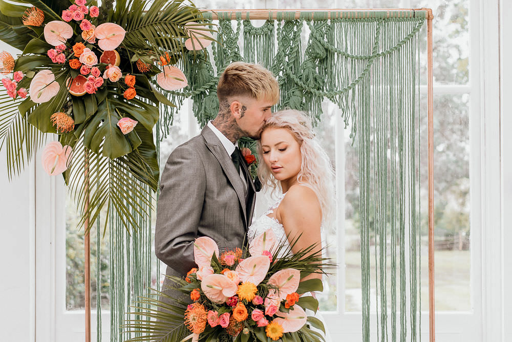 Tropical Bohemian Wedding Kate Boston Macrame Backdrop Green Greenery Flower Arch