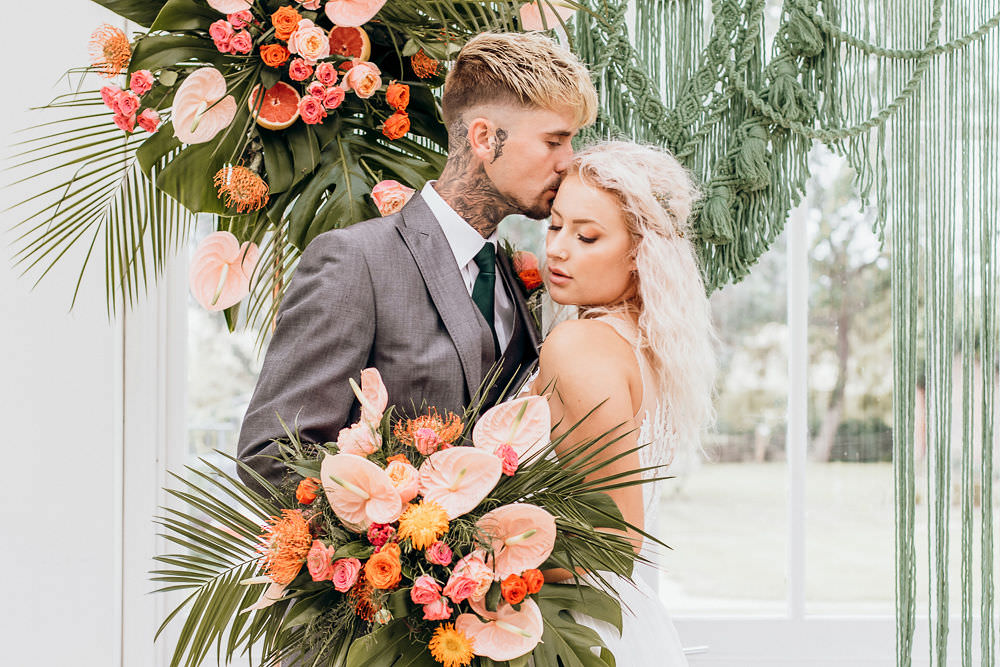 Tropical Bohemian Wedding Kate Boston Macrame Backdrop Green Greenery Flower Arch