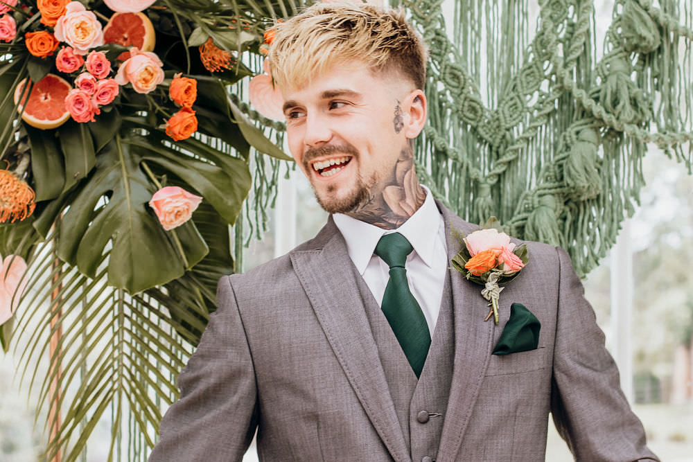 Groom Suit Grey Green Tie Tropical Bohemian Wedding Kate Boston