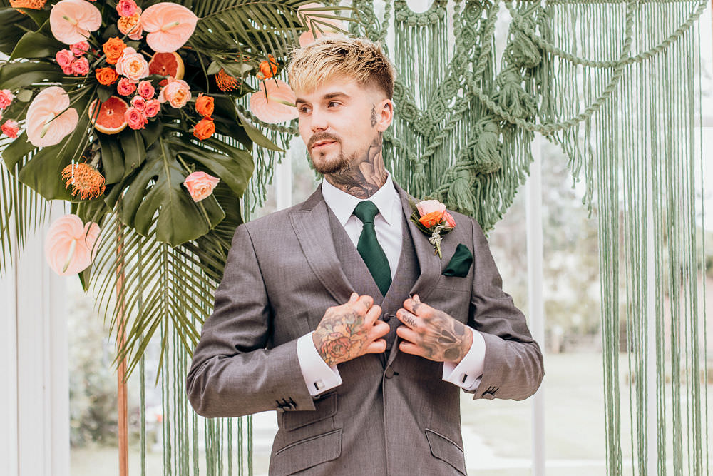 Groom Suit Grey Green Tie Tropical Bohemian Wedding Kate Boston