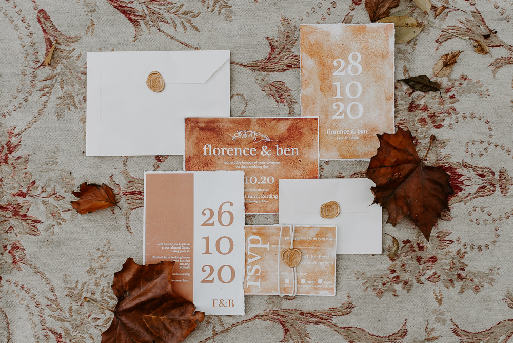 Orange Watercolour Stationery Invite Invitation Autumn Wedding Colours Laura Williams Photography