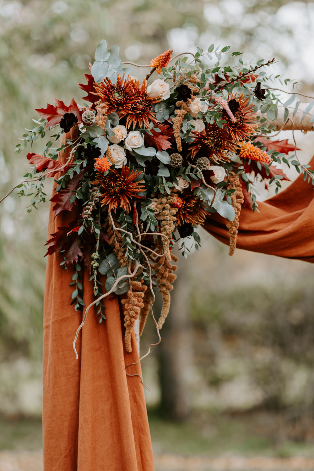 Flowers Flower Arch Orange Fabric Autumn Wedding Colours Laura Williams Photography