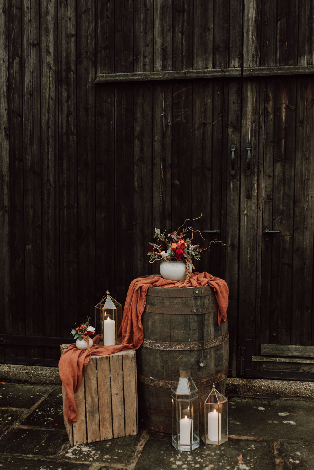 Decor Wooden Crate Flowers Candle Autumn Wedding Colours Laura Williams Photography