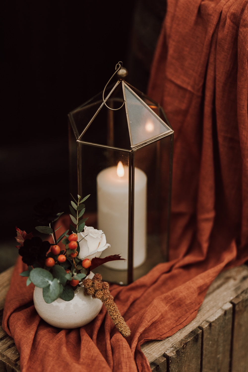 Decor Wooden Crate Flowers Candle Autumn Wedding Colours Laura Williams Photography