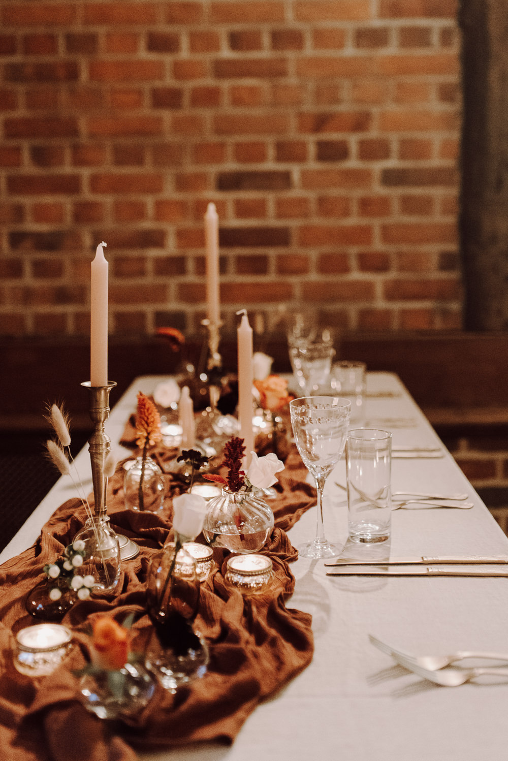 Table Tablescape Decor Candles Flowers Orange Rust Autumn Wedding Colours Laura Williams Photography