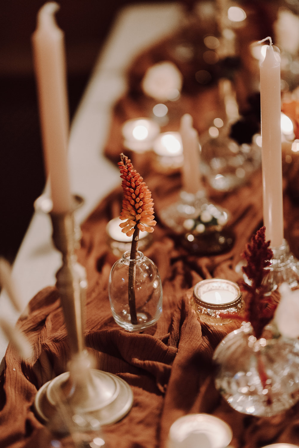 Table Tablescape Decor Candles Flowers Orange Rust Autumn Wedding Colours Laura Williams Photography