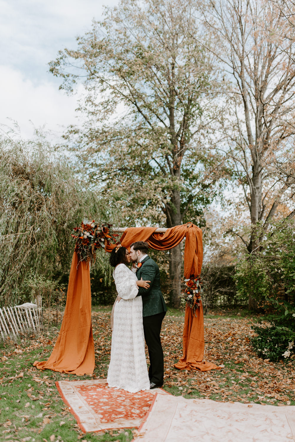 Backdrop Fabric Flowers Flower Arch Orange Autumn Wedding Colours Laura Williams Photography