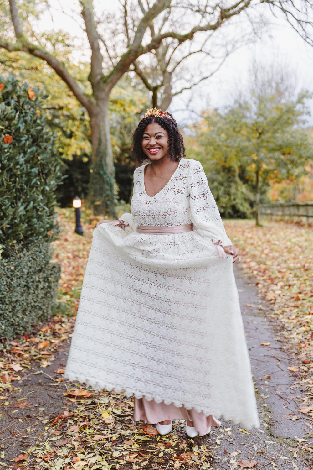 Dress Gown Bride Bridal Lace Crochet Pink Sash Ribbon Long Sleeves Autumn Wedding Colours Lori Loves Photography