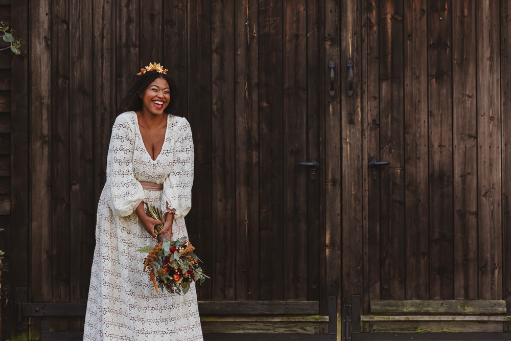 Dress Gown Bride Bridal Lace Crochet Pink Sash Ribbon Long Sleeves Autumn Wedding Colours Lori Loves Photography