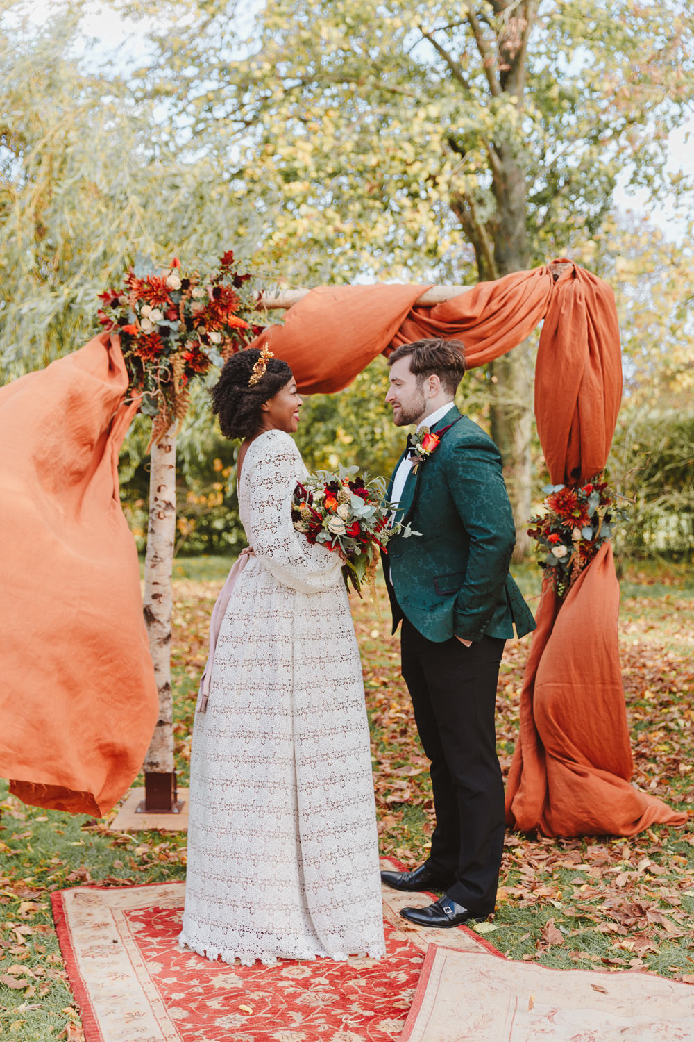 Backdrop Fabric Flowers Flower Arch Orange Autumn Wedding Colours Lori Loves Photography