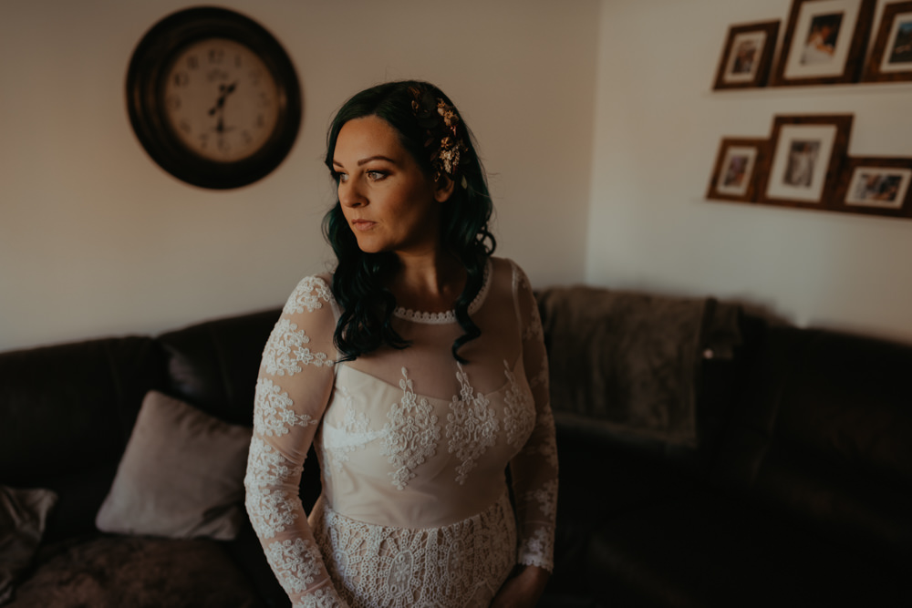 Dress Gown Bride Bridal Lace Long Sleeves Train Dreamers and Lovers Barn Didcot Wedding Jen Marino Photography