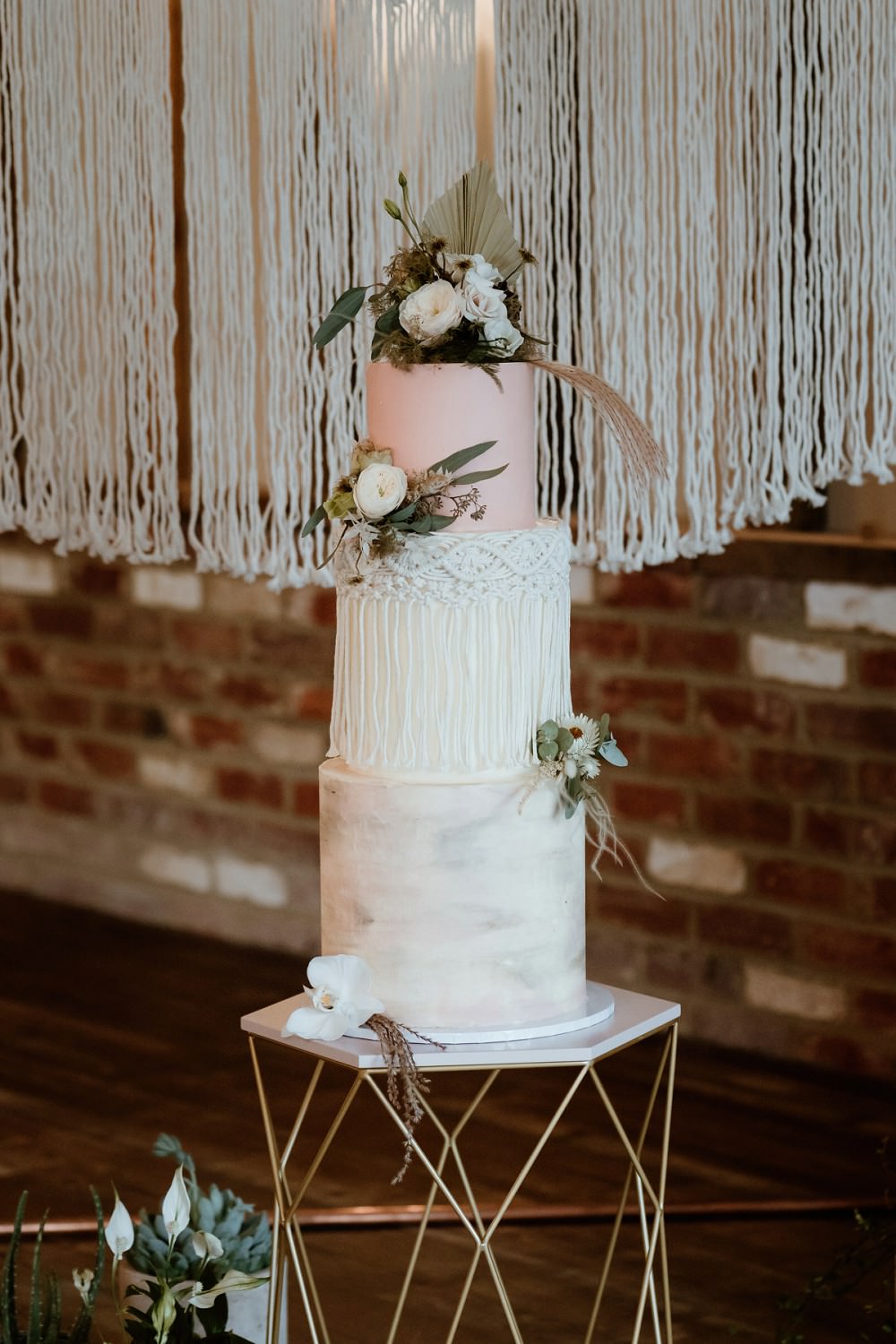 Macrame Floral Cake Pink Barn Wedding Lights Sharron Gibson