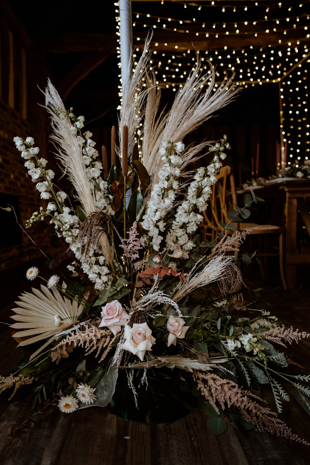 Flower Arrangement Greenery Foliage Pampas Grass Palm Barn Wedding Lights Sharron Gibson