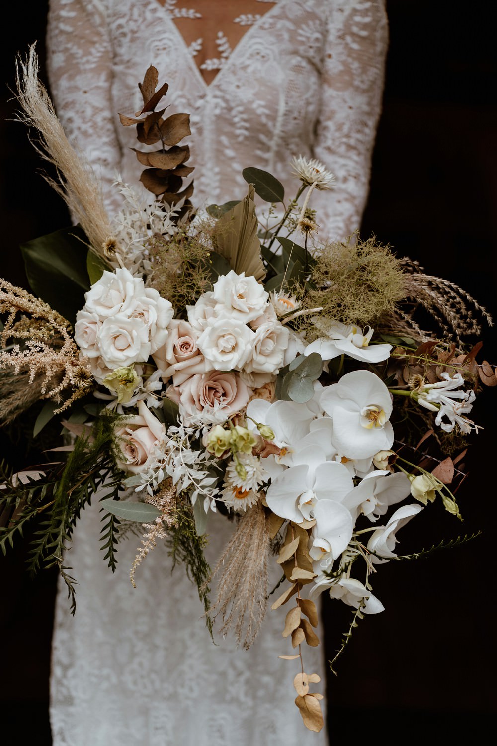 Bouquet Flowers Bride BRidal Pampas Grass Orchid Astilbe Barn Wedding Lights Sharron Gibson