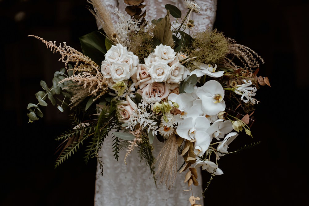 Bouquet Flowers Bride BRidal Pampas Grass Orchid Astilbe Barn Wedding Lights Sharron Gibson
