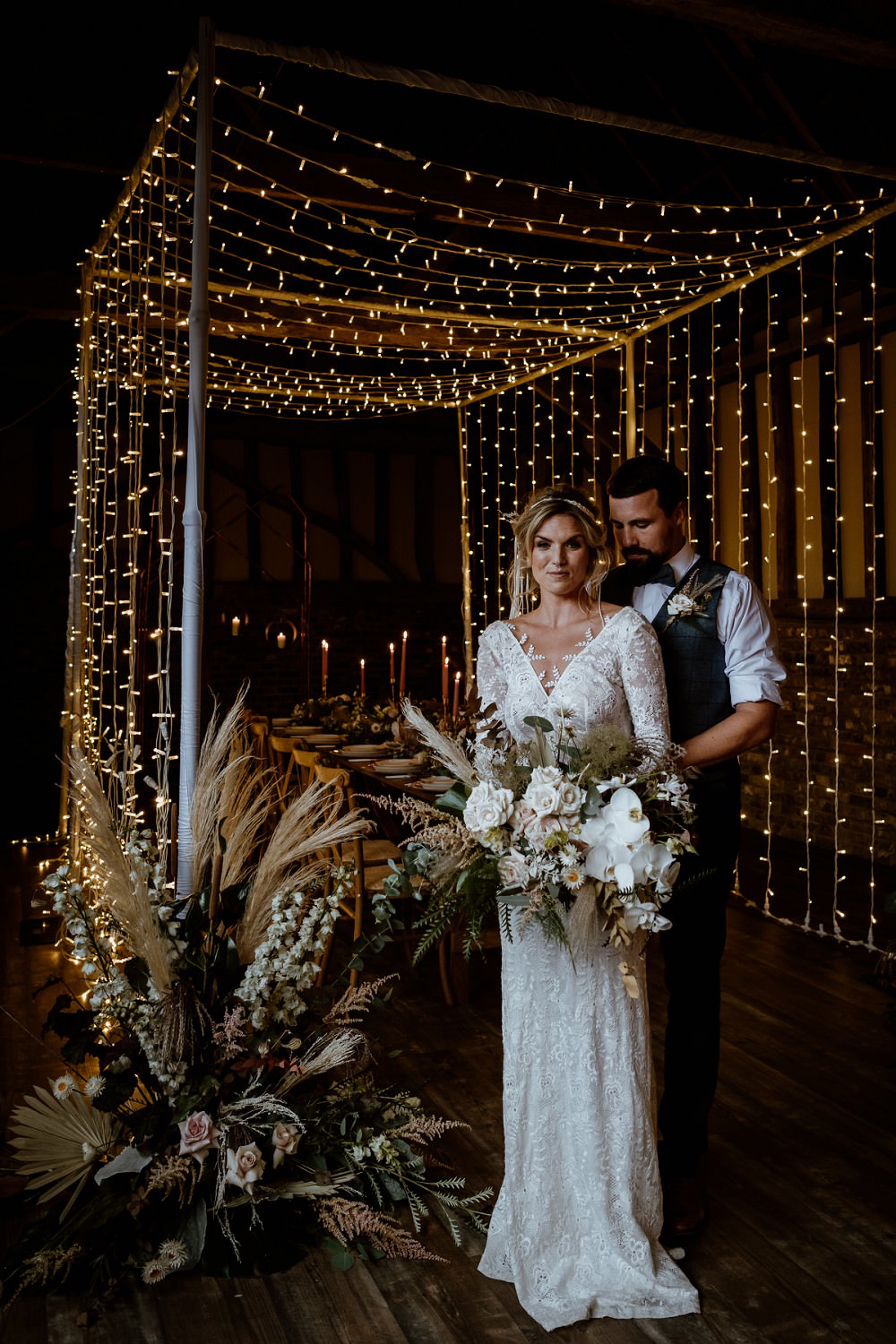 Magical Barn Wedding Lights Inspiration with Fairy Light Tunnel, image size:1000x1500