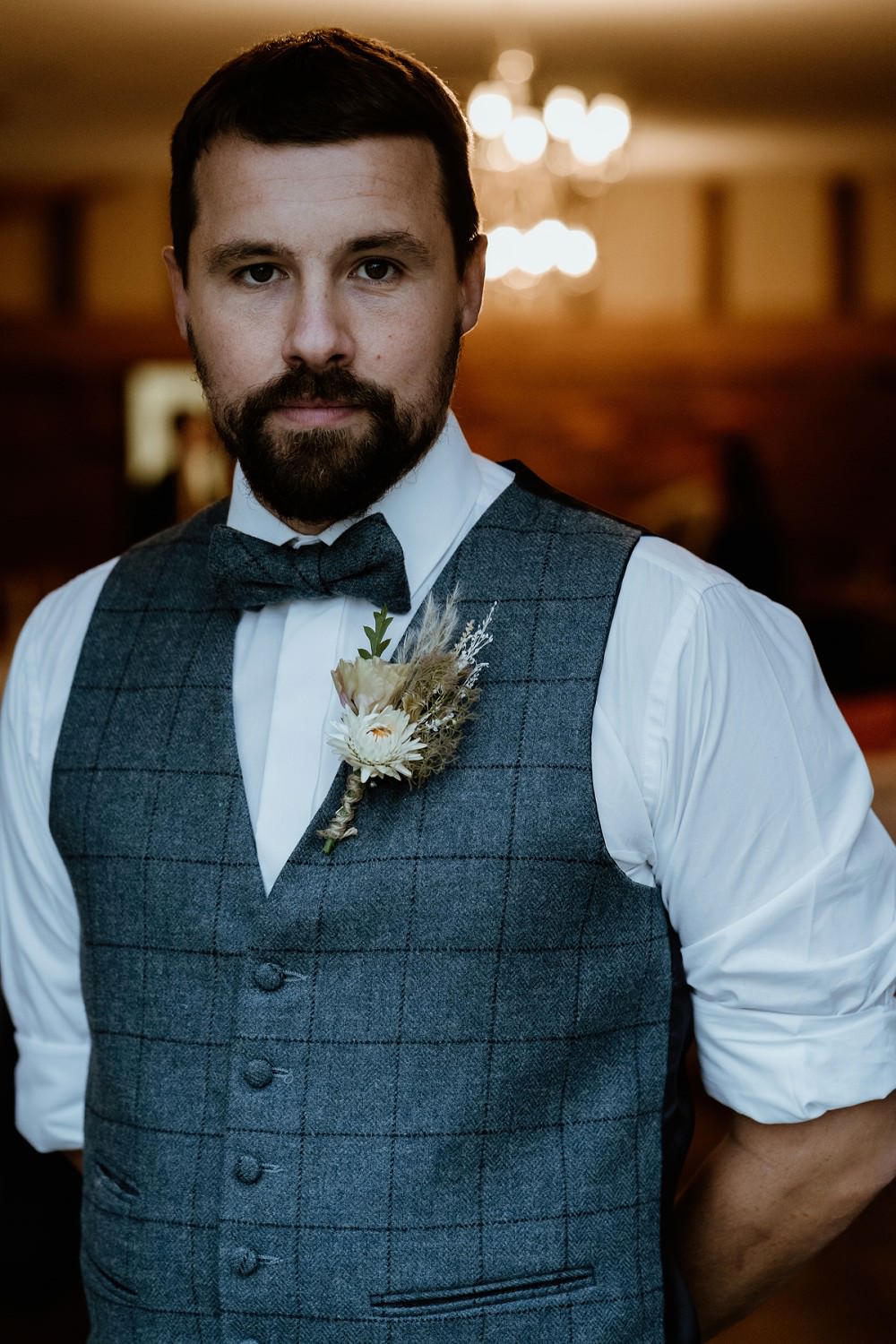Groom Suit Waistcoat Bow Tie Barn Wedding Lights Sharron Gibson