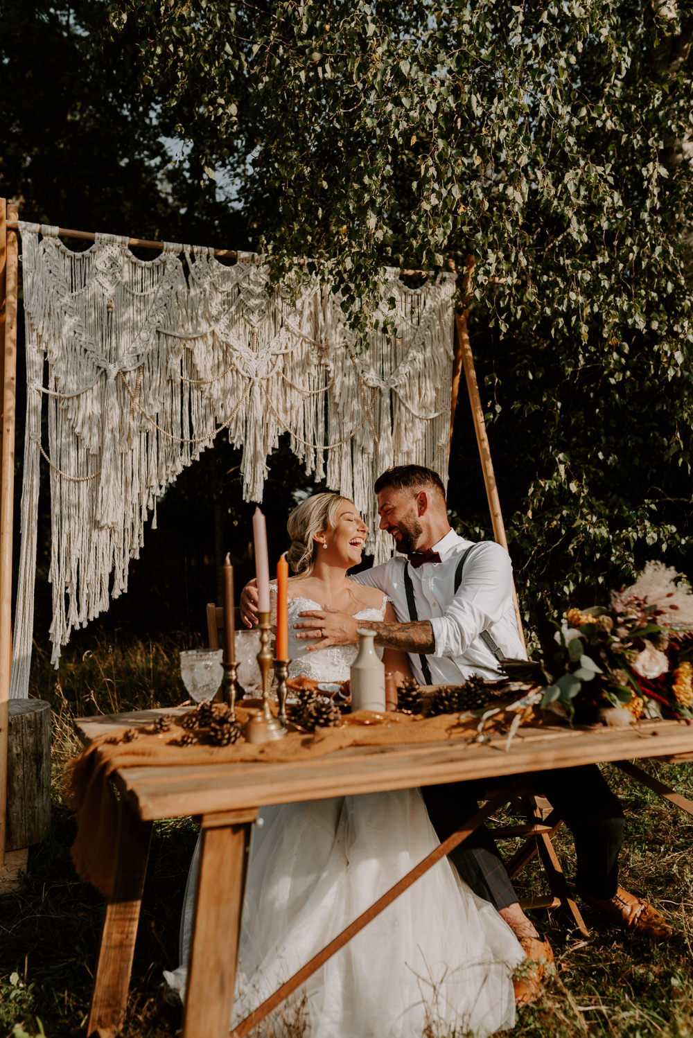 Table Tablescape Decor Rust Flowers Candles Macrame Backdrop Burnt Orange Wedding Ideas Laura Williams Photography