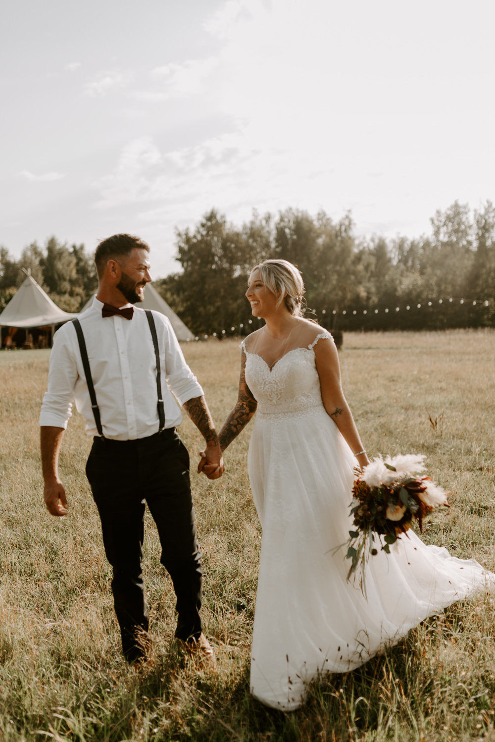 Groom Bow Tie Braces Bride Bridal Dress Gown Burnt Orange Wedding Ideas Laura Williams Photography