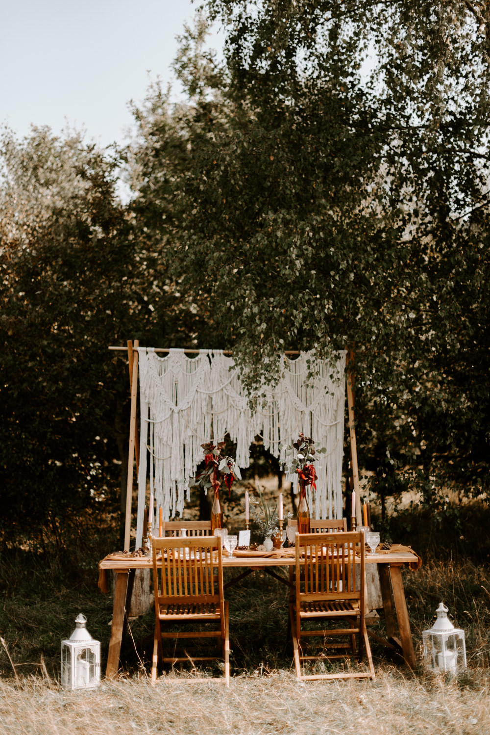 Table Tablescape Decor Rust Flowers Candles Macrame Backdrop Burnt Orange Wedding Ideas Laura Williams Photography