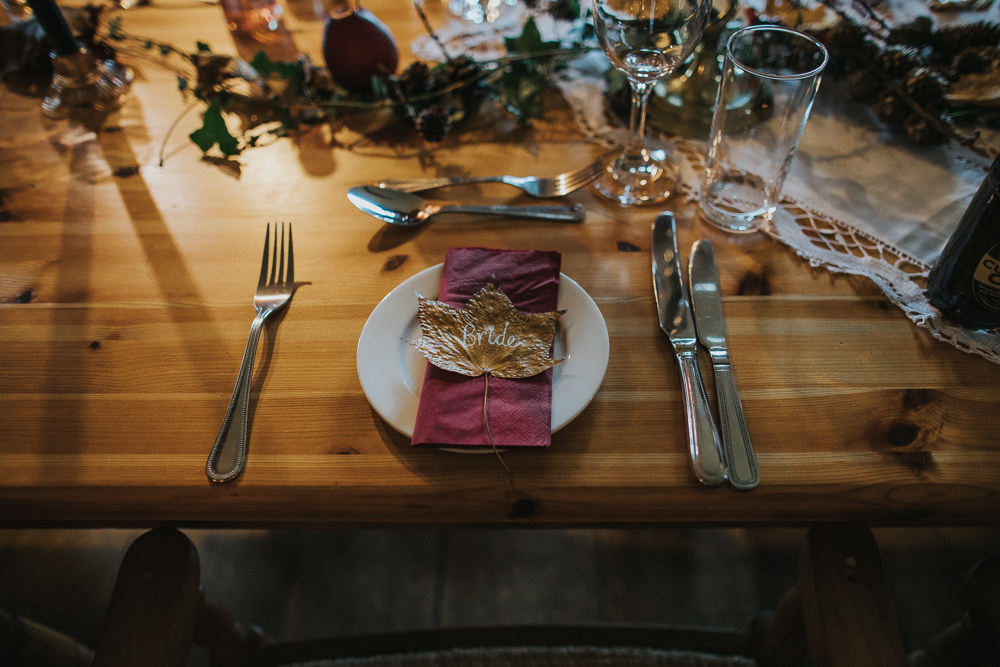 Place Setting Place Name Leaf Cider Barn Wedding Electric Blue Photos