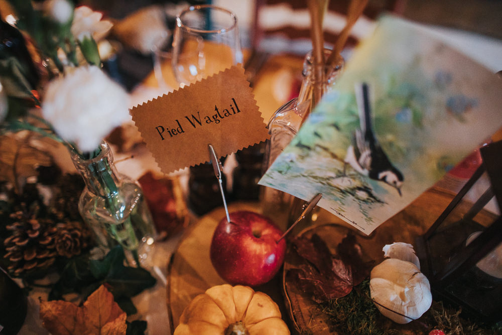Centrepiece Decor Pumpkins Bird Table Name Candles Log Stump Cider Barn Wedding Electric Blue Photos