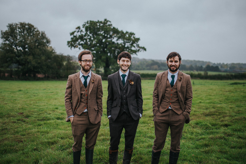 Groom Groomsmen Tweed Brown Suit Green Tie Cider Barn Wedding Electric Blue Photos