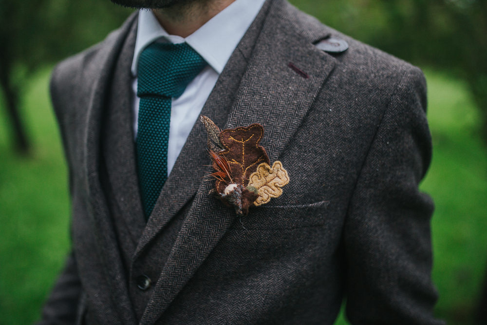 Groom Groomsmen Tweed Brown Suit Green Tie Buttonhole Felt Cider Barn Wedding Electric Blue Photos