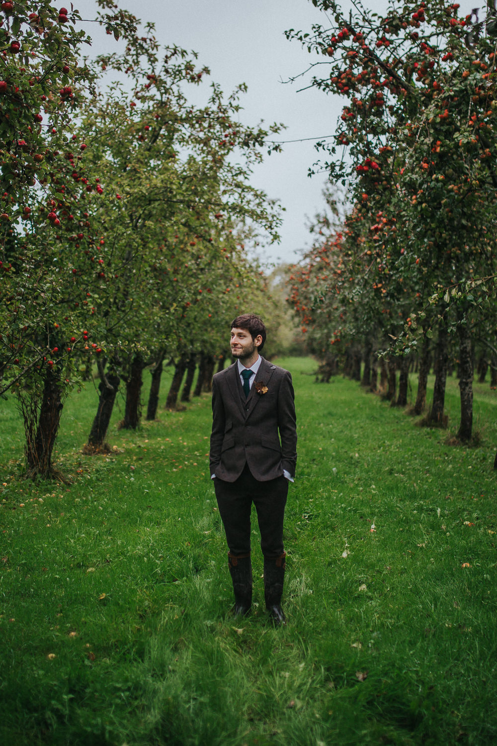 Groom Groomsmen Tweed Brown Suit Green Tie Cider Barn Wedding Electric Blue Photos