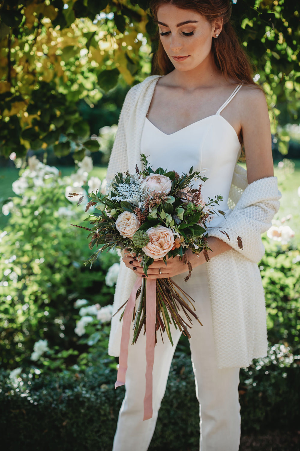 Bride Bridal Bouquet Rose Ribbon Foliage Intimate Wedding Spain Ofelia Matos