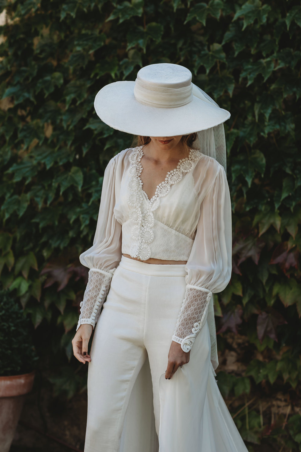 Bride Bridal Trousers Jumpsuit Veil Hat Cape Intimate Wedding Spain Ofelia Matos