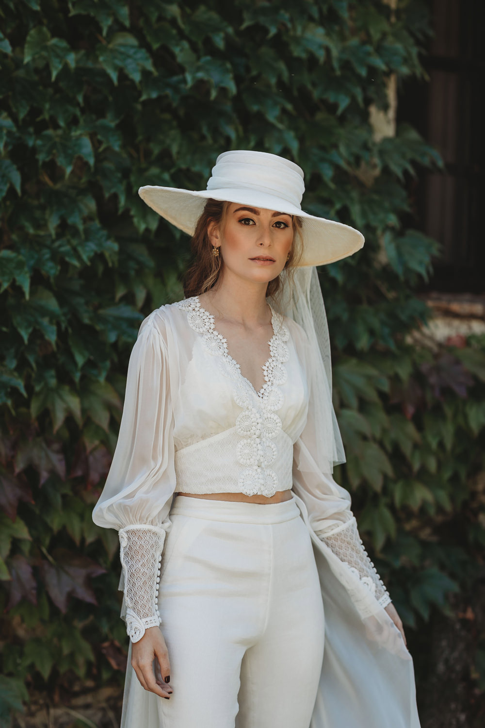 Bride Bridal Trousers Jumpsuit Veil Hat Cape Intimate Wedding Spain Ofelia Matos