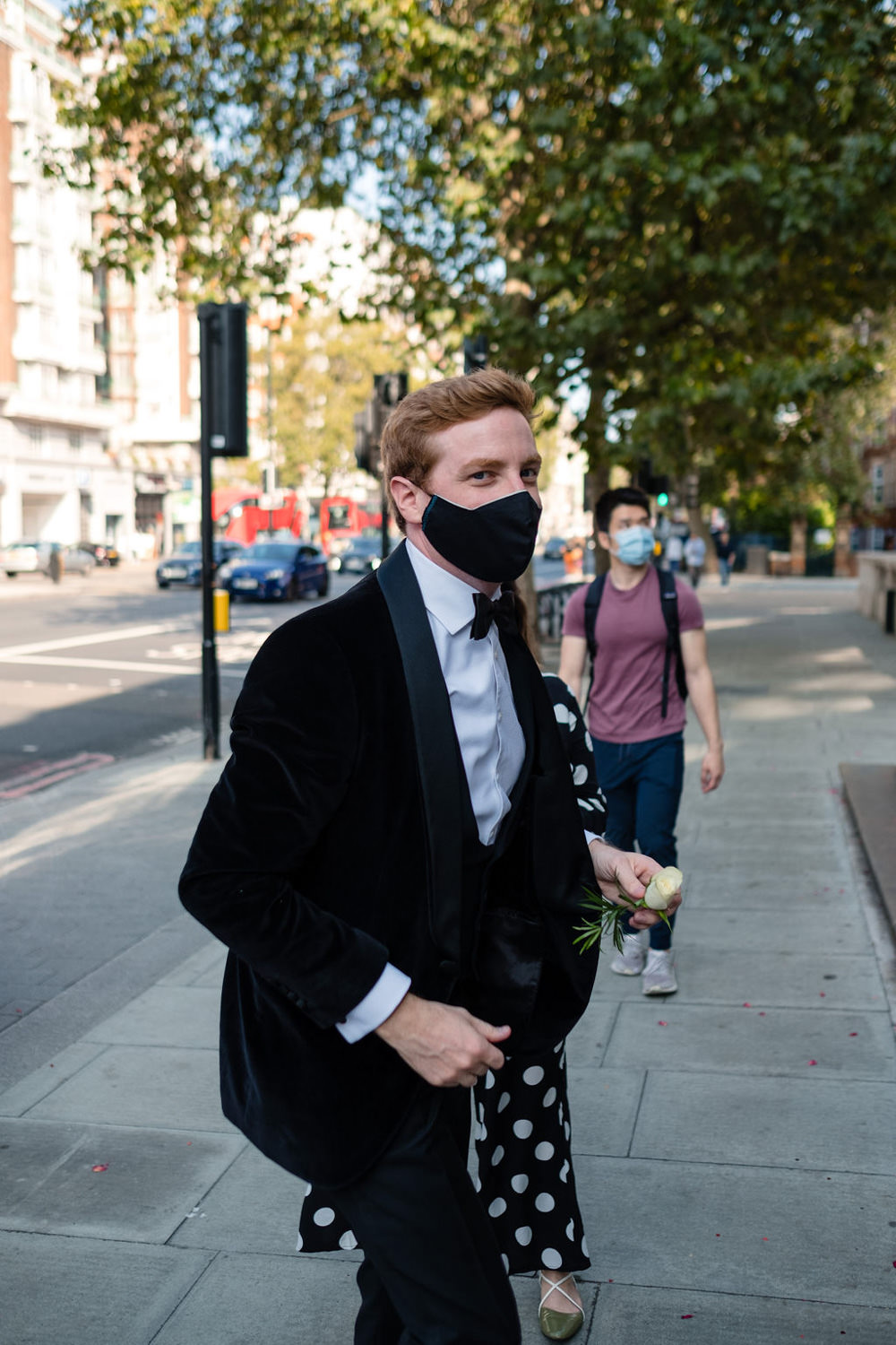 London Town Hall Wedding Helen Abraham Photography Groom Tuxedo Suit Bow Tie Face Mask