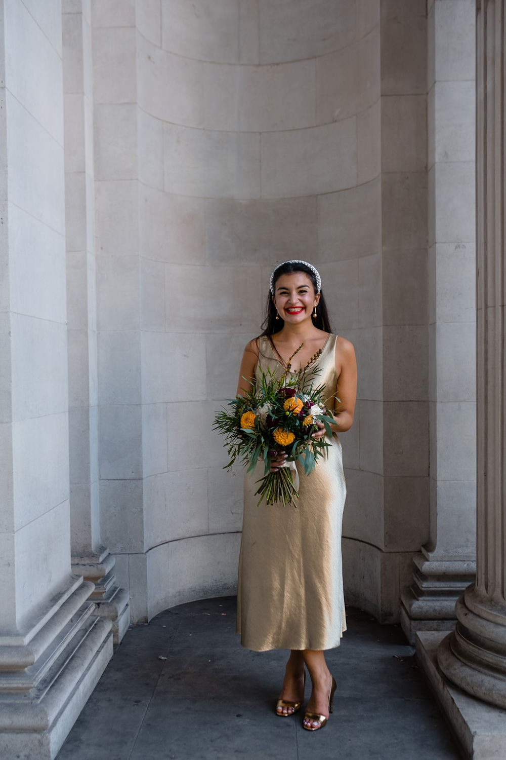 Bride Bridal Dress Gown Short Gold Headband London Town Hall Wedding Helen Abraham Photography