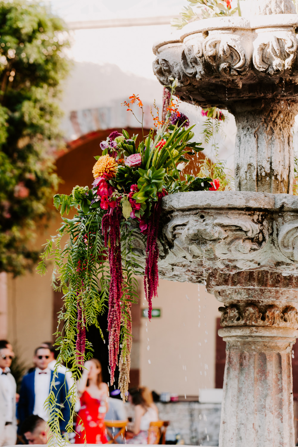 Flower Arrangement Fountain Colourful Mexico Destination Wedding Pierce Weddings