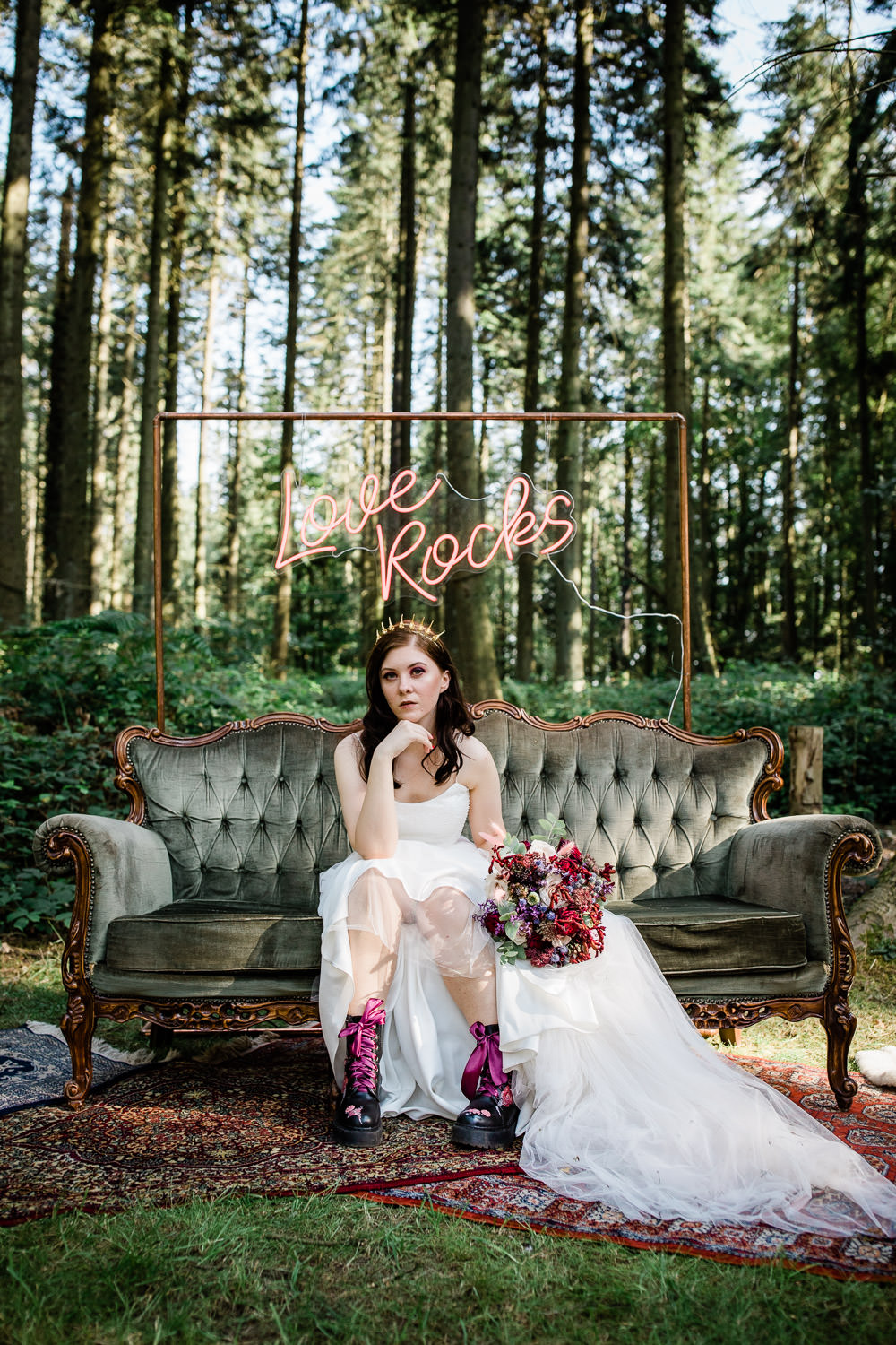Velvet Sofa Neon Sign Love Rocks Non Traditional Wedding Ideas Becky Wright